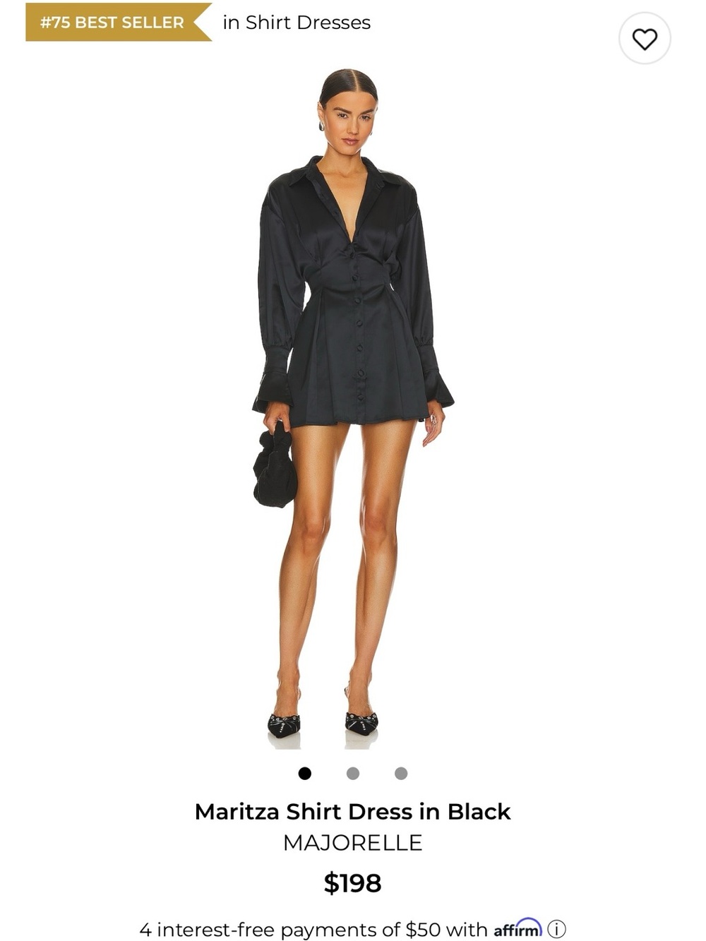 MAJORELLE Black Satin Mini Shirt Dress